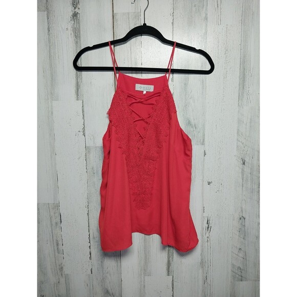 Wayf Womens Large Top Tank Blouse Red-Orange Sleeveless Woven V-Neck Lace Trim - Picture 1 of 7